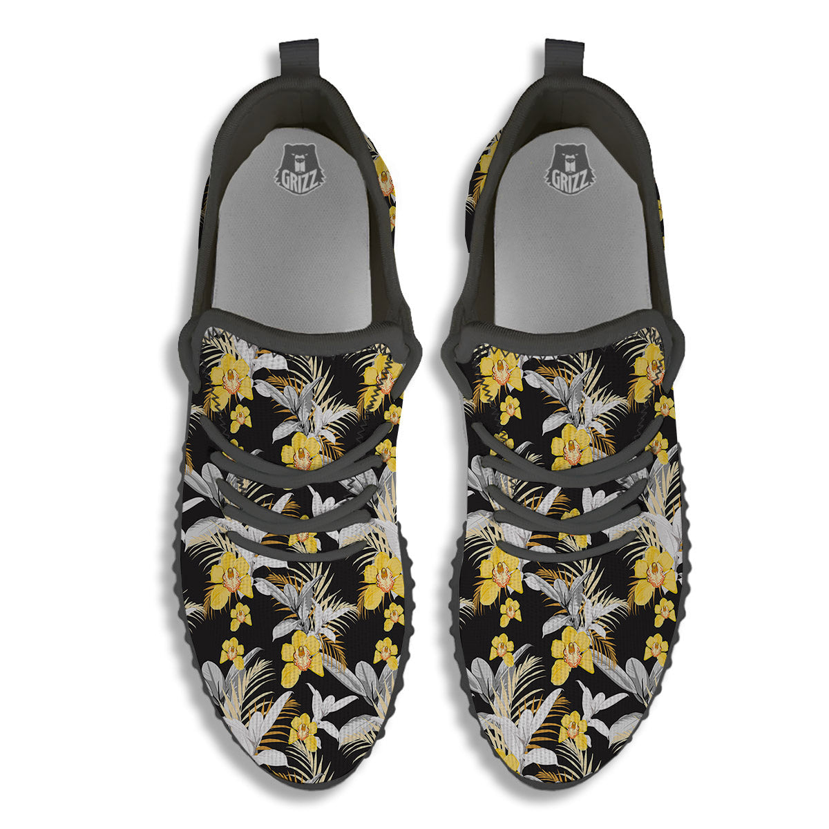 Plumeria Yellow And Black Print Pattern Black Walking Shoes-grizzshop