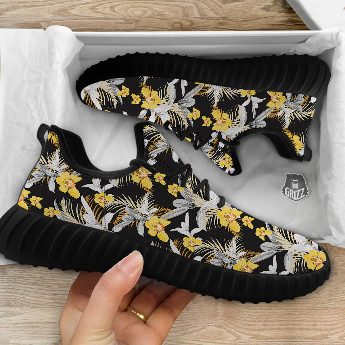 Plumeria Yellow And Black Print Pattern Black Walking Shoes-grizzshop