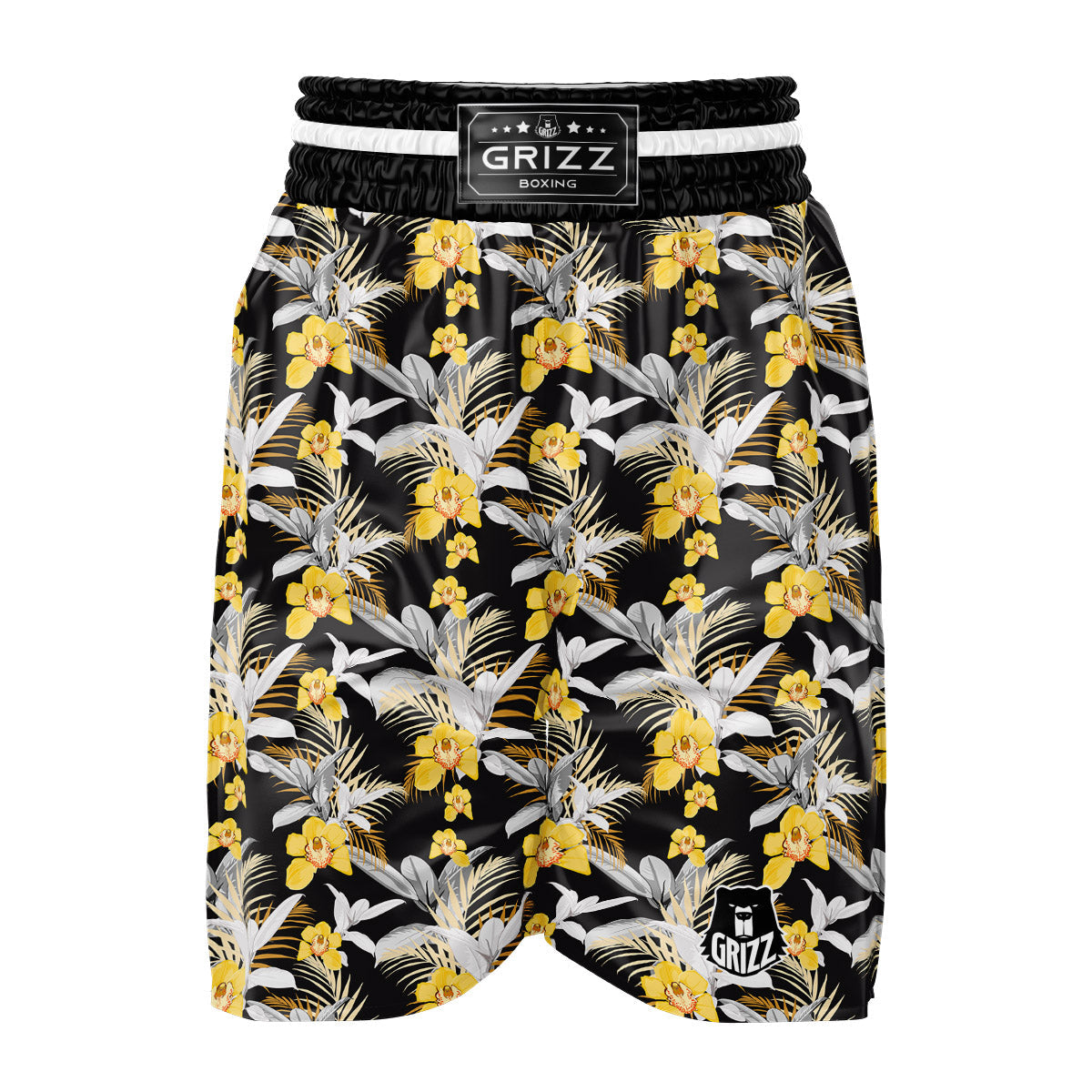 Plumeria Yellow And Black Print Pattern Boxing Shorts-grizzshop