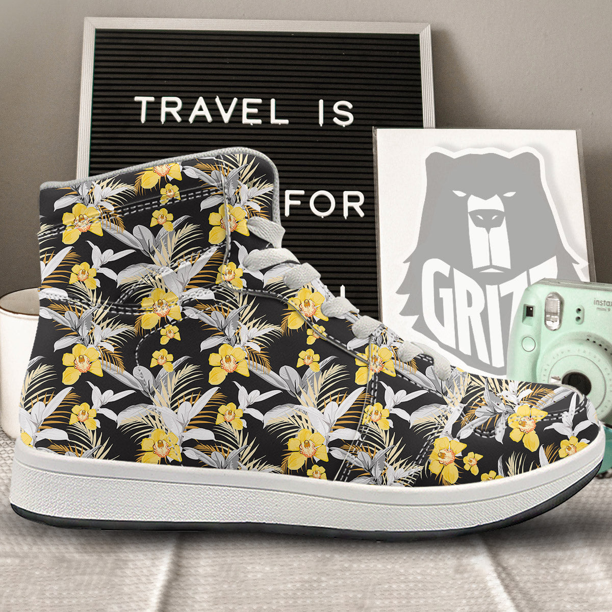 Plumeria Yellow And Black Print Pattern High Top Sneakers-grizzshop