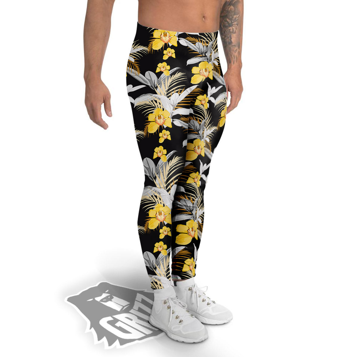 Plumeria Yellow And Black Print Pattern Men's Leggings-grizzshop