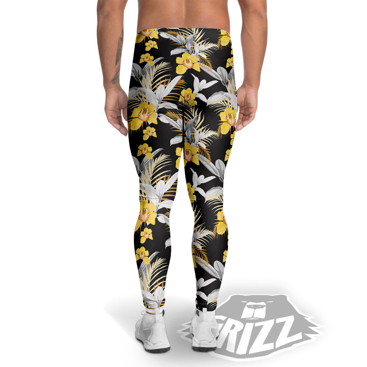 Plumeria Yellow And Black Print Pattern Men's Leggings-grizzshop