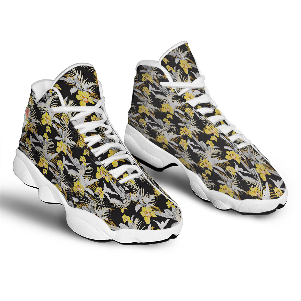 Plumeria Yellow And Black Print Pattern White Basketball Shoes-grizzshop