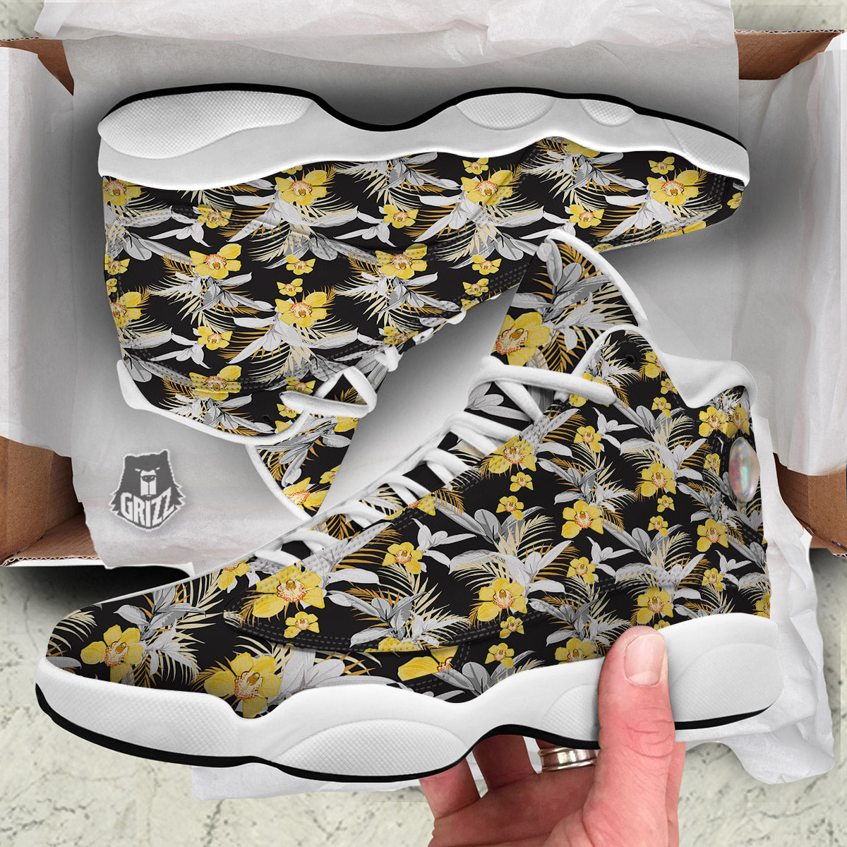 Plumeria Yellow And Black Print Pattern White Basketball Shoes-grizzshop