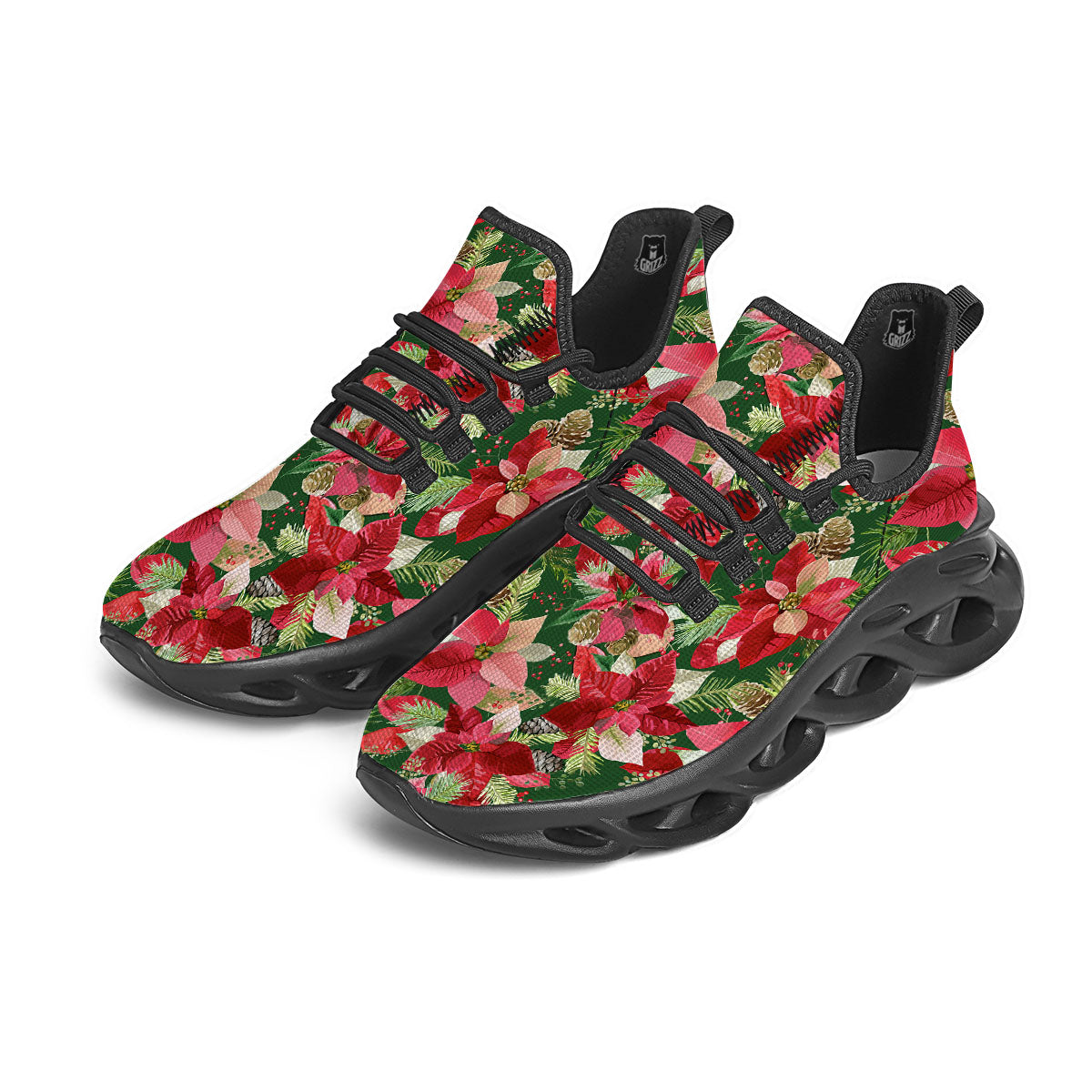 Poinsettia Christmas Vintage Print Pattern Black Running Shoes-grizzshop