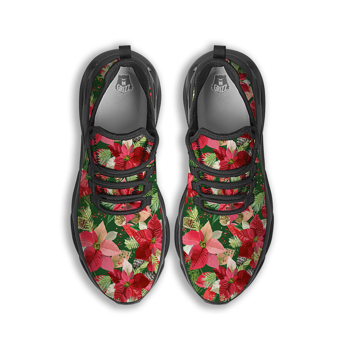 Poinsettia Christmas Vintage Print Pattern Black Running Shoes-grizzshop