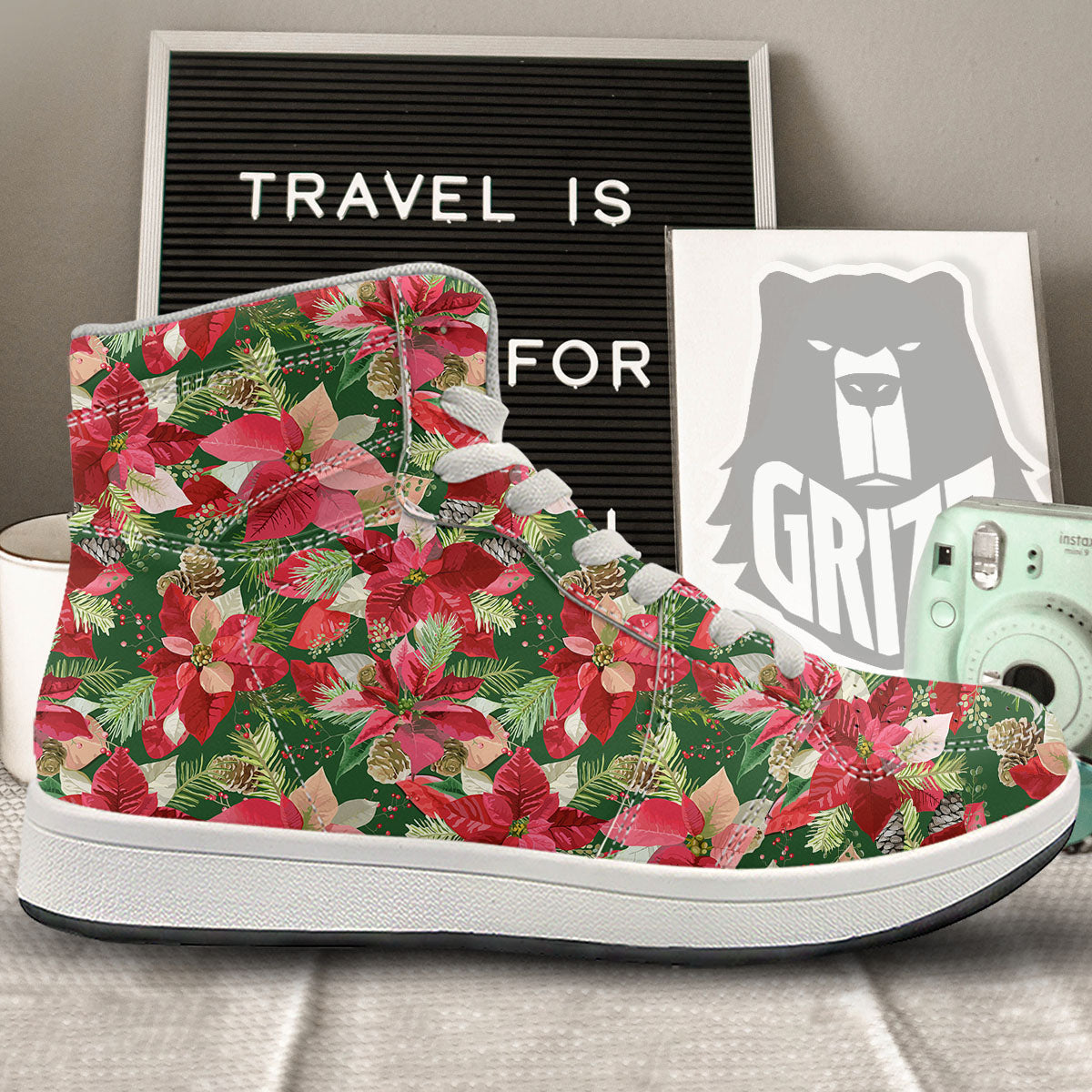 Poinsettia Christmas Vintage Print Pattern High Top Sneakers-grizzshop