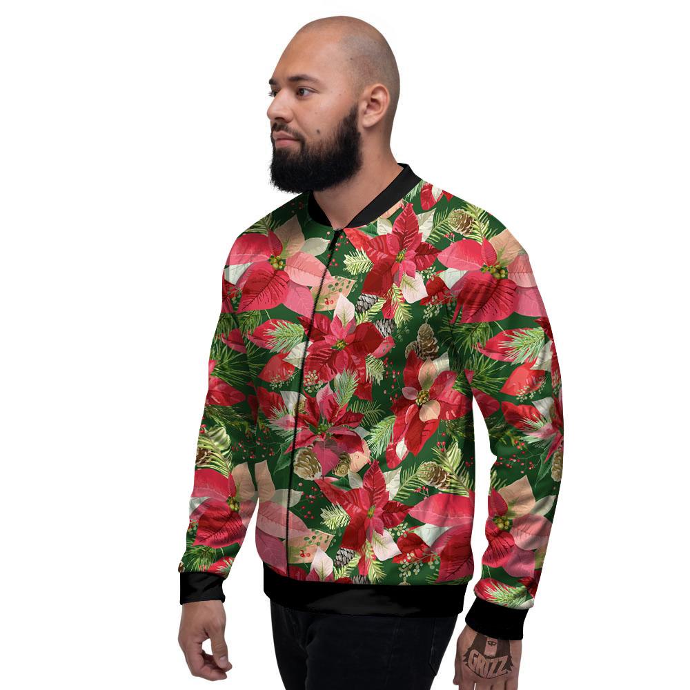 Poinsettia Christmas Vintage Print Pattern Men's Bomber Jacket-grizzshop