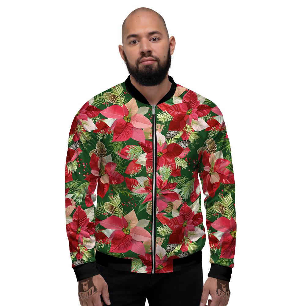Poinsettia Christmas Vintage Print Pattern Men's Bomber Jacket-grizzshop