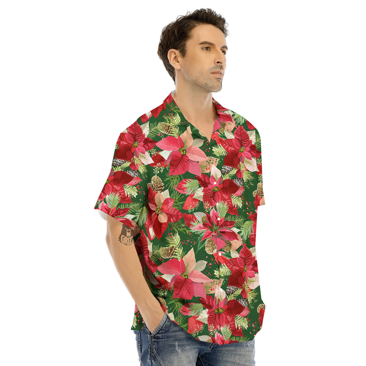Poinsettia Christmas Vintage Print Pattern Men's Hawaiian Shirt-grizzshop