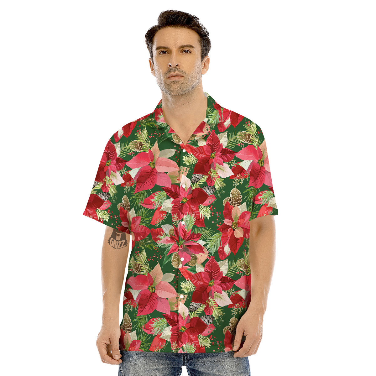 Poinsettia Christmas Vintage Print Pattern Men's Hawaiian Shirt-grizzshop