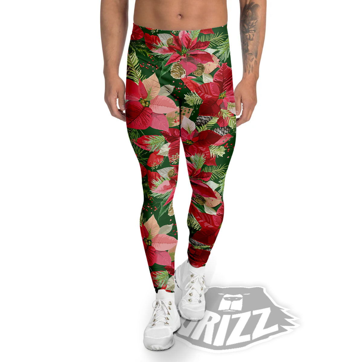 Poinsettia Christmas Vintage Print Pattern Men's Leggings-grizzshop