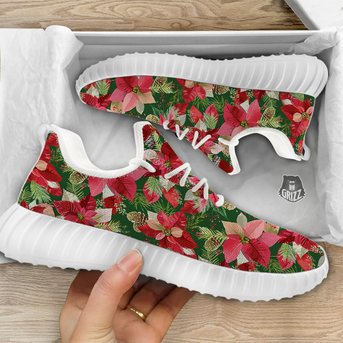 Poinsettia Christmas Vintage Print Pattern White Walking Shoes-grizzshop