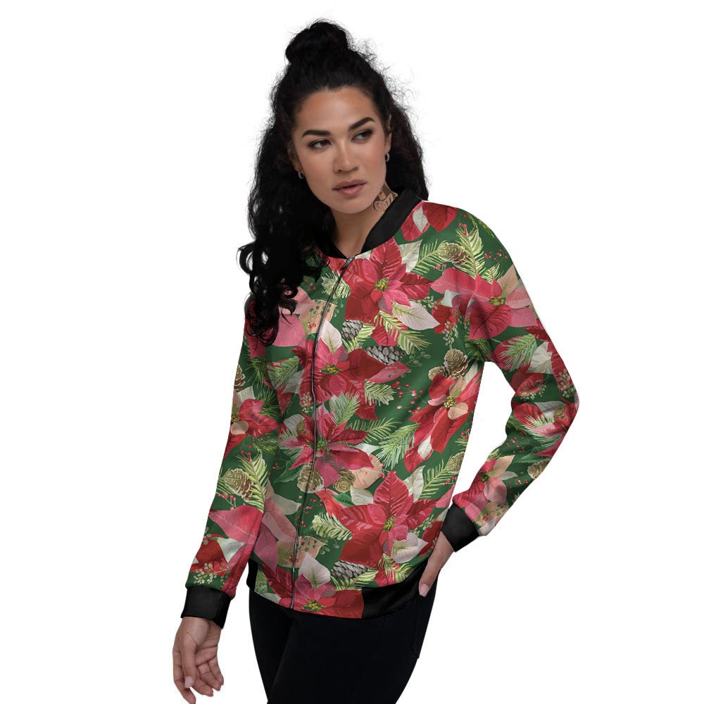 Poinsettia Christmas Vintage Print Pattern Women's Bomber Jacket-grizzshop