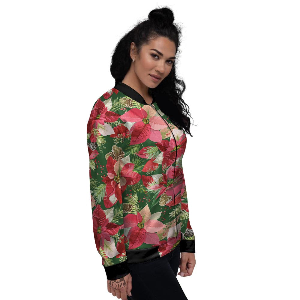 Poinsettia Christmas Vintage Print Pattern Women's Bomber Jacket-grizzshop