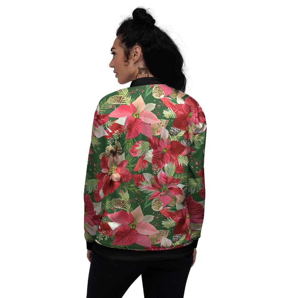 Poinsettia Christmas Vintage Print Pattern Women's Bomber Jacket-grizzshop