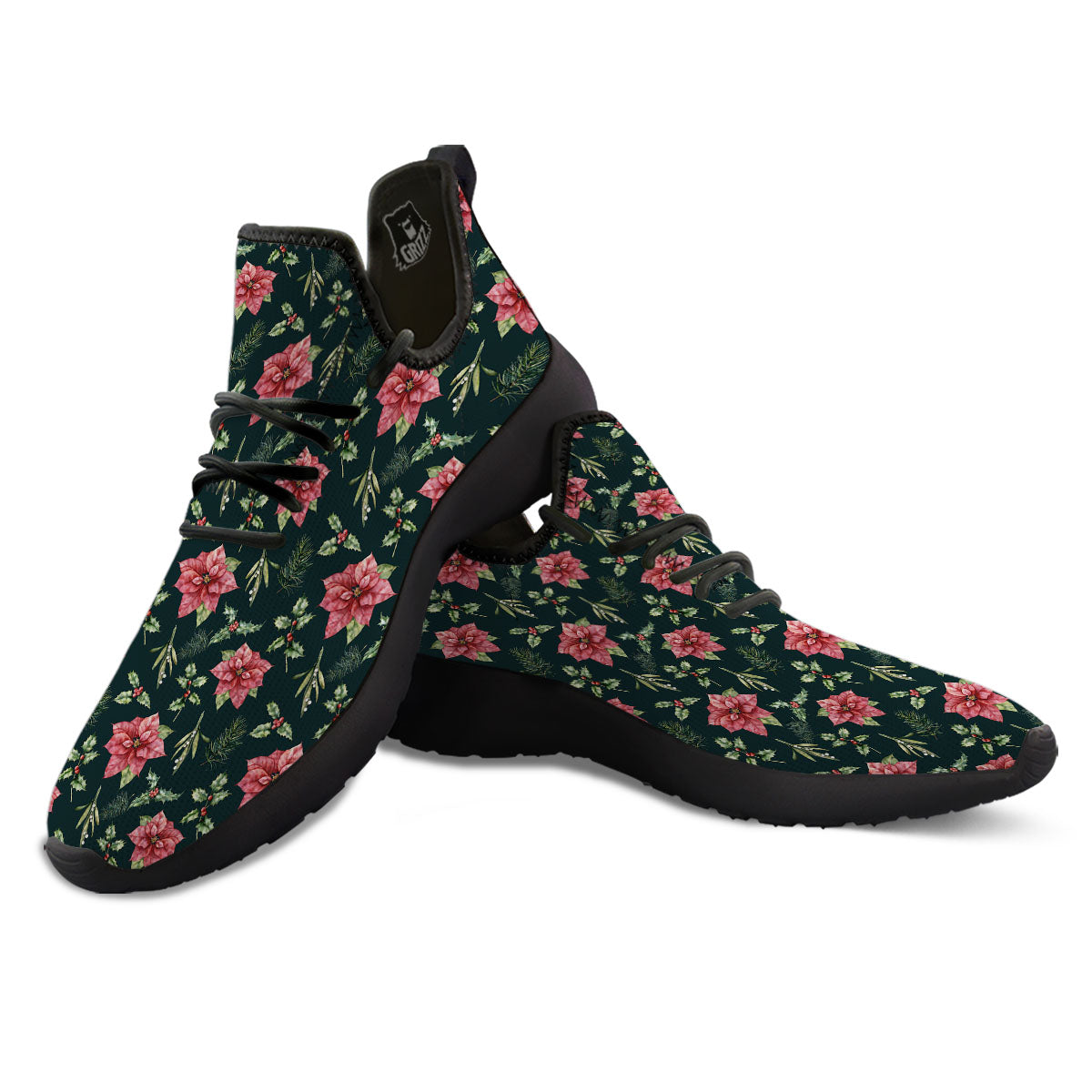 Poinsettia Christmas Watercolor Print Pattern Black Athletic Shoes-grizzshop