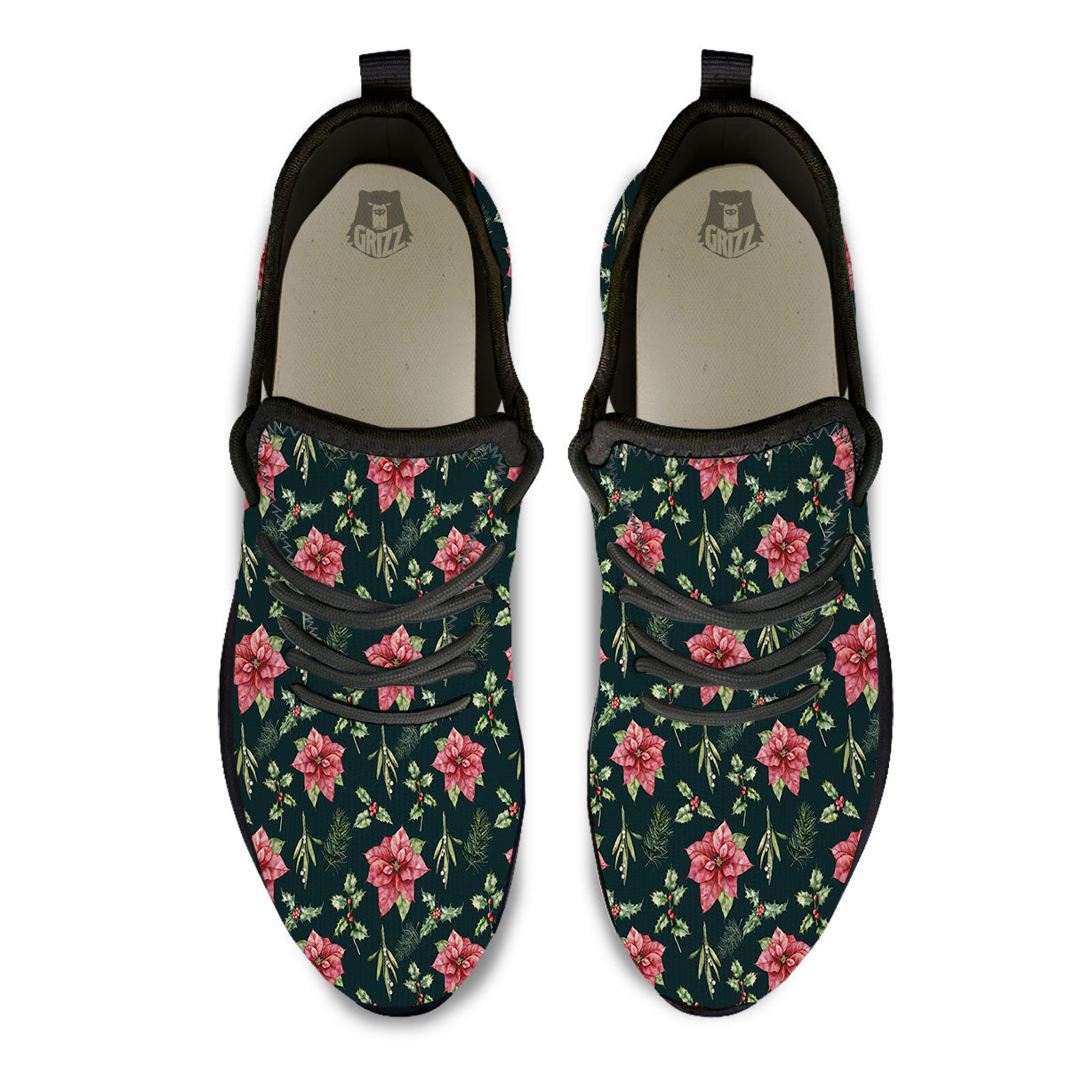 Poinsettia Christmas Watercolor Print Pattern Black Athletic Shoes-grizzshop