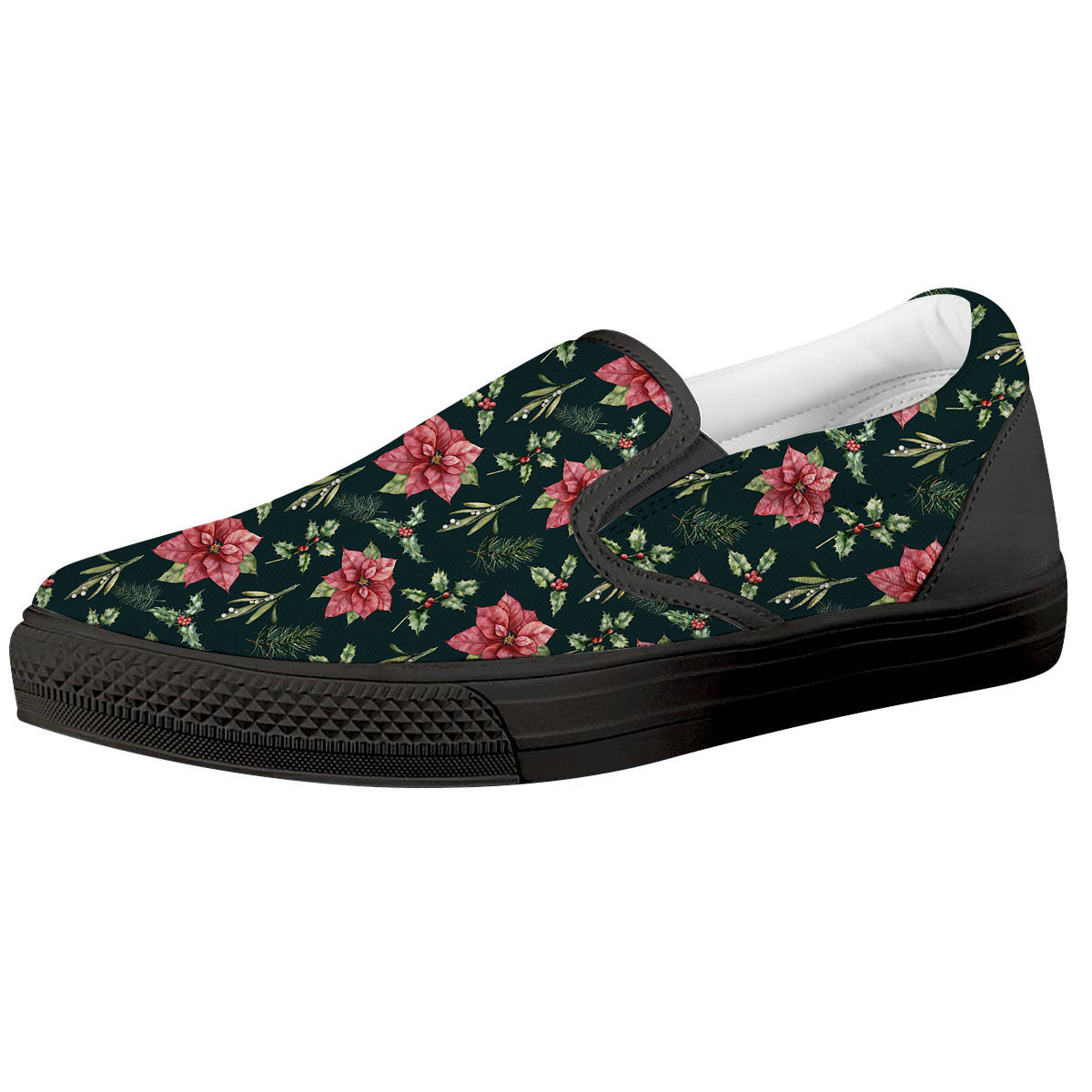 Poinsettia Christmas Watercolor Print Pattern Black Slip On Shoes-grizzshop