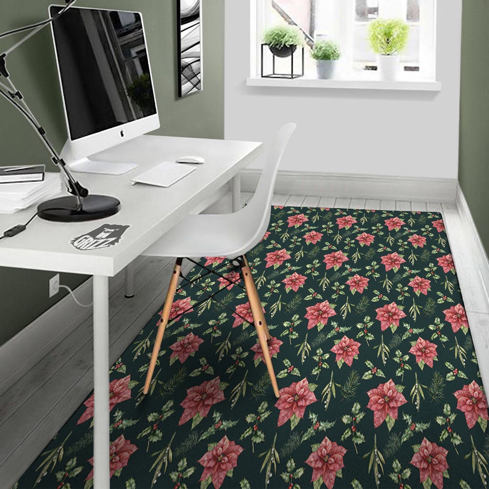 Poinsettia Christmas Watercolor Print Pattern Floor Mat-grizzshop
