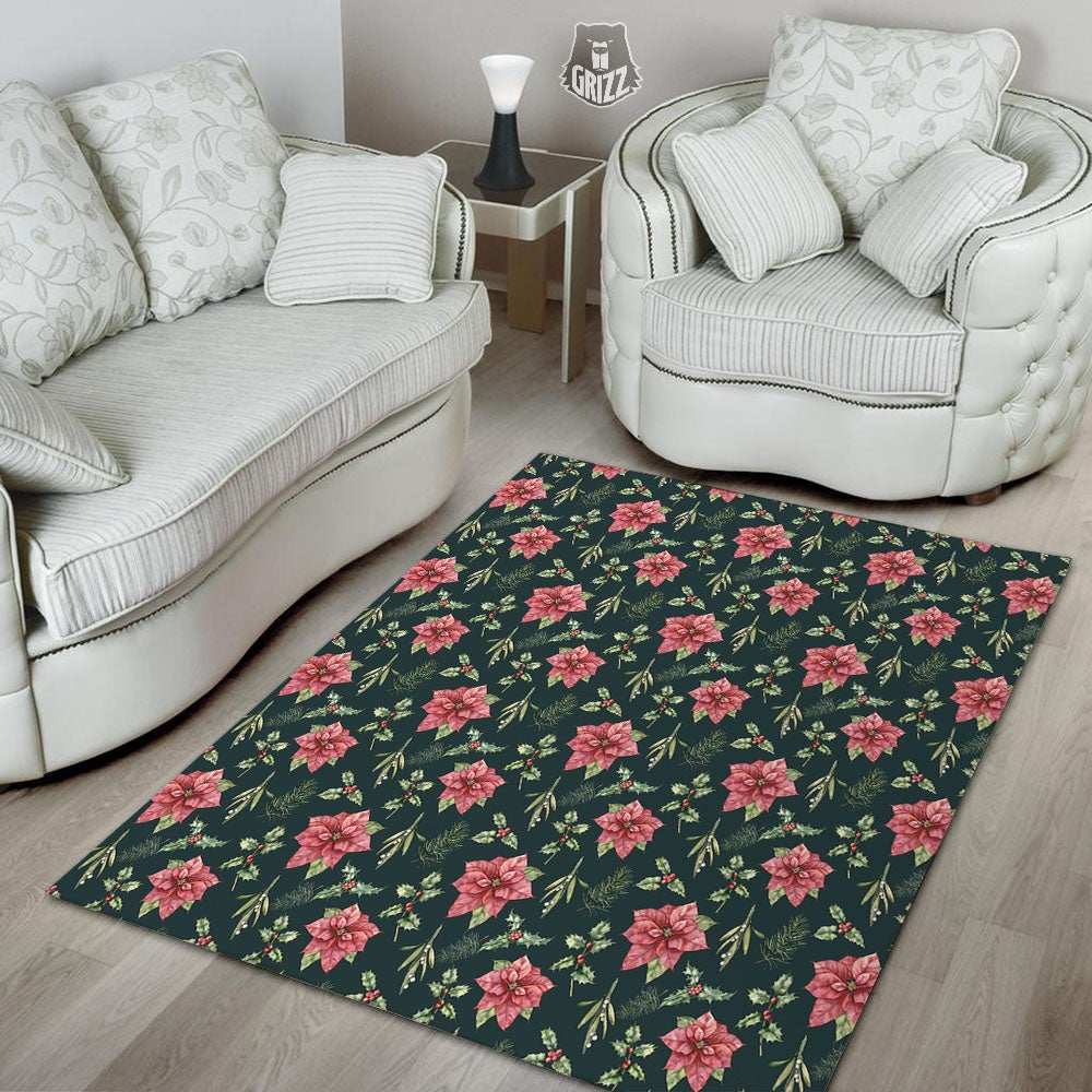 Poinsettia Christmas Watercolor Print Pattern Floor Mat-grizzshop