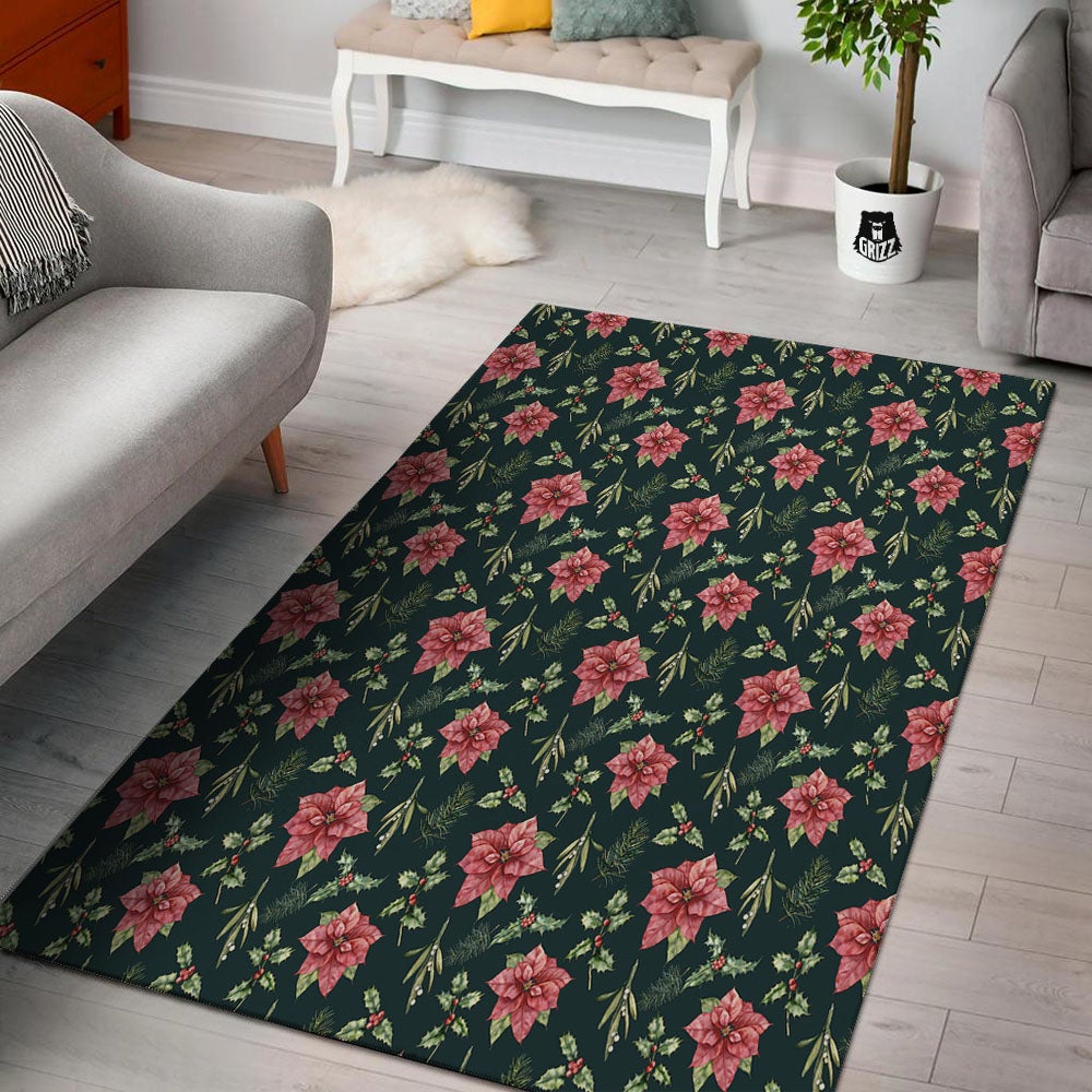 Poinsettia Christmas Watercolor Print Pattern Floor Mat-grizzshop