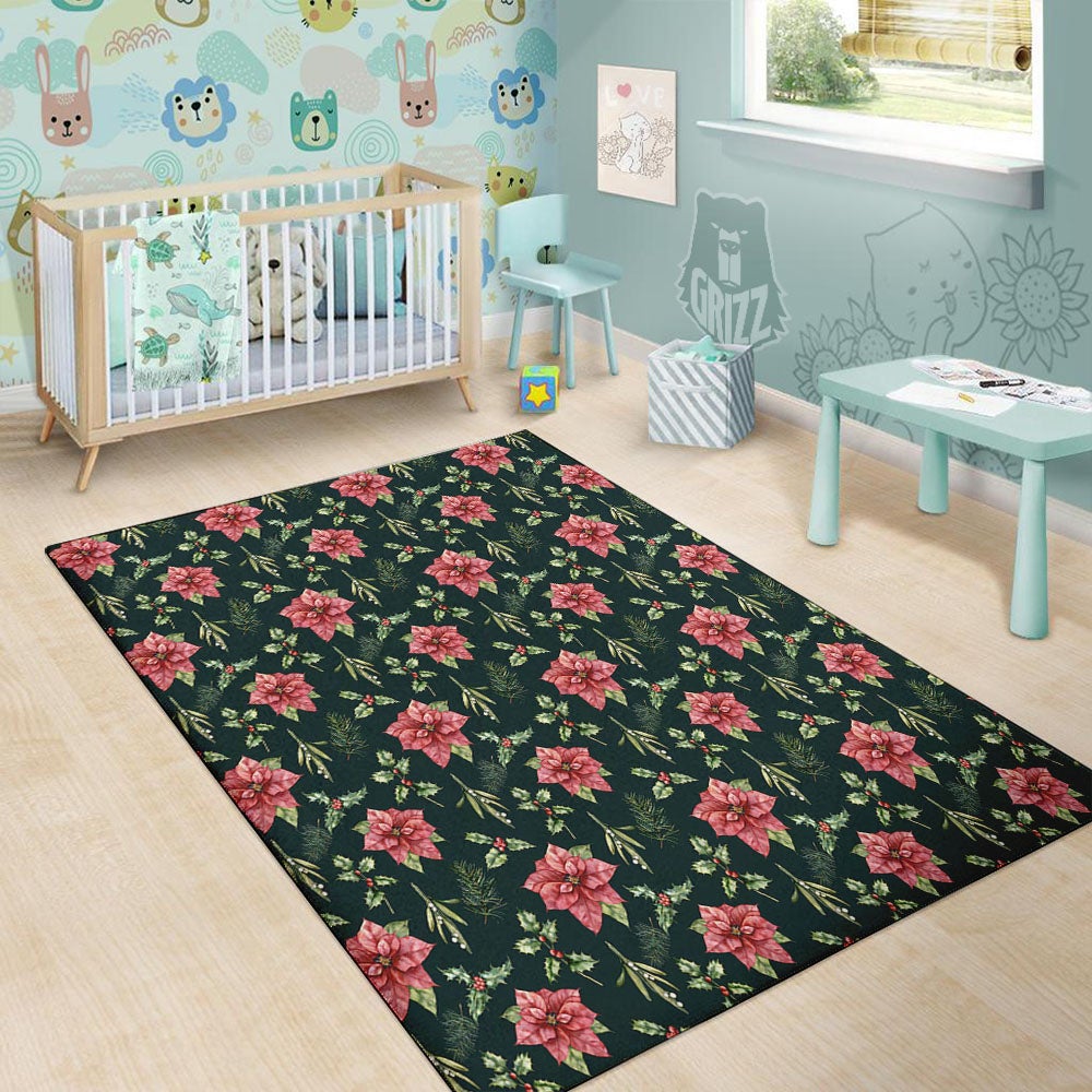 Poinsettia Christmas Watercolor Print Pattern Floor Mat-grizzshop