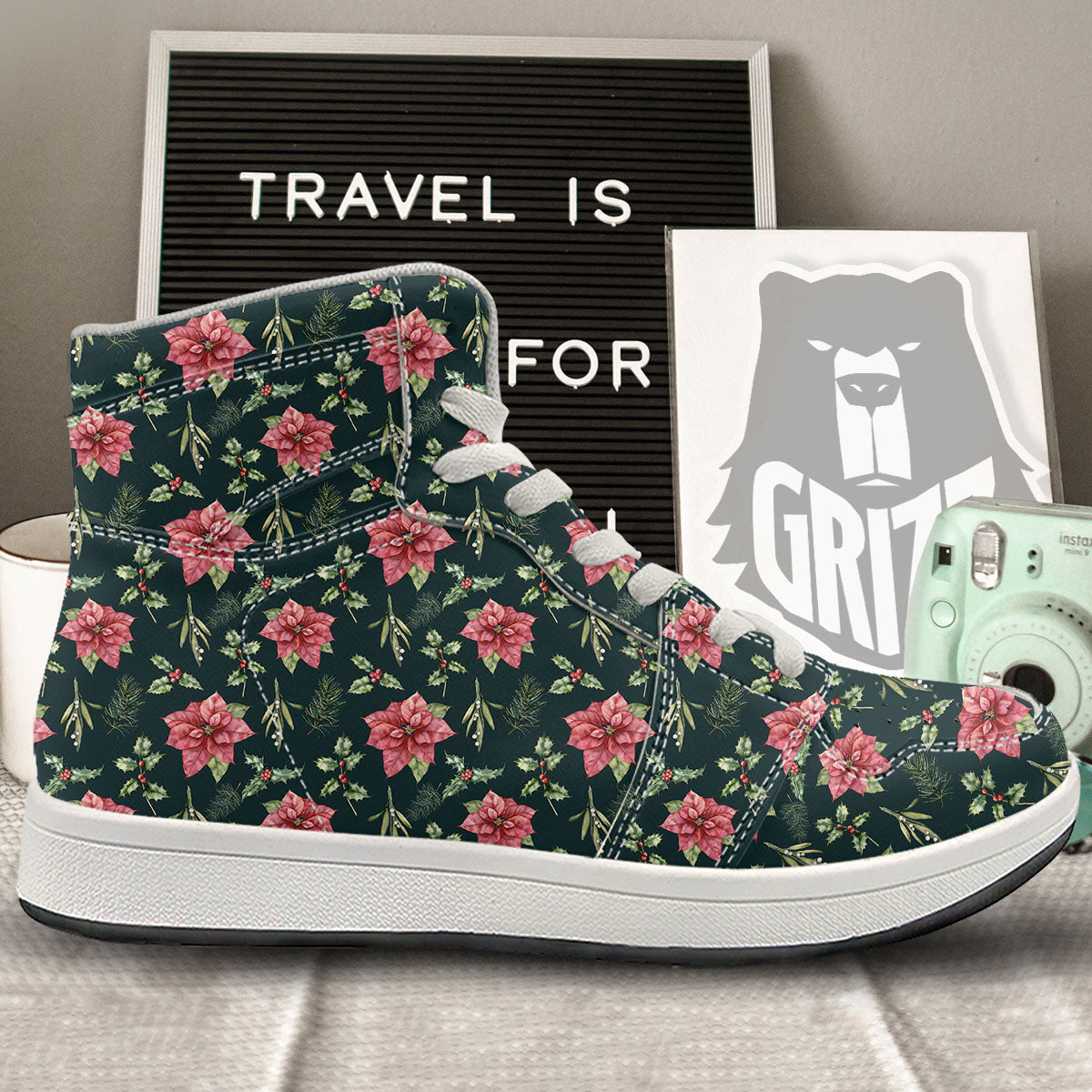 Poinsettia Christmas Watercolor Print Pattern High Top Sneakers-grizzshop