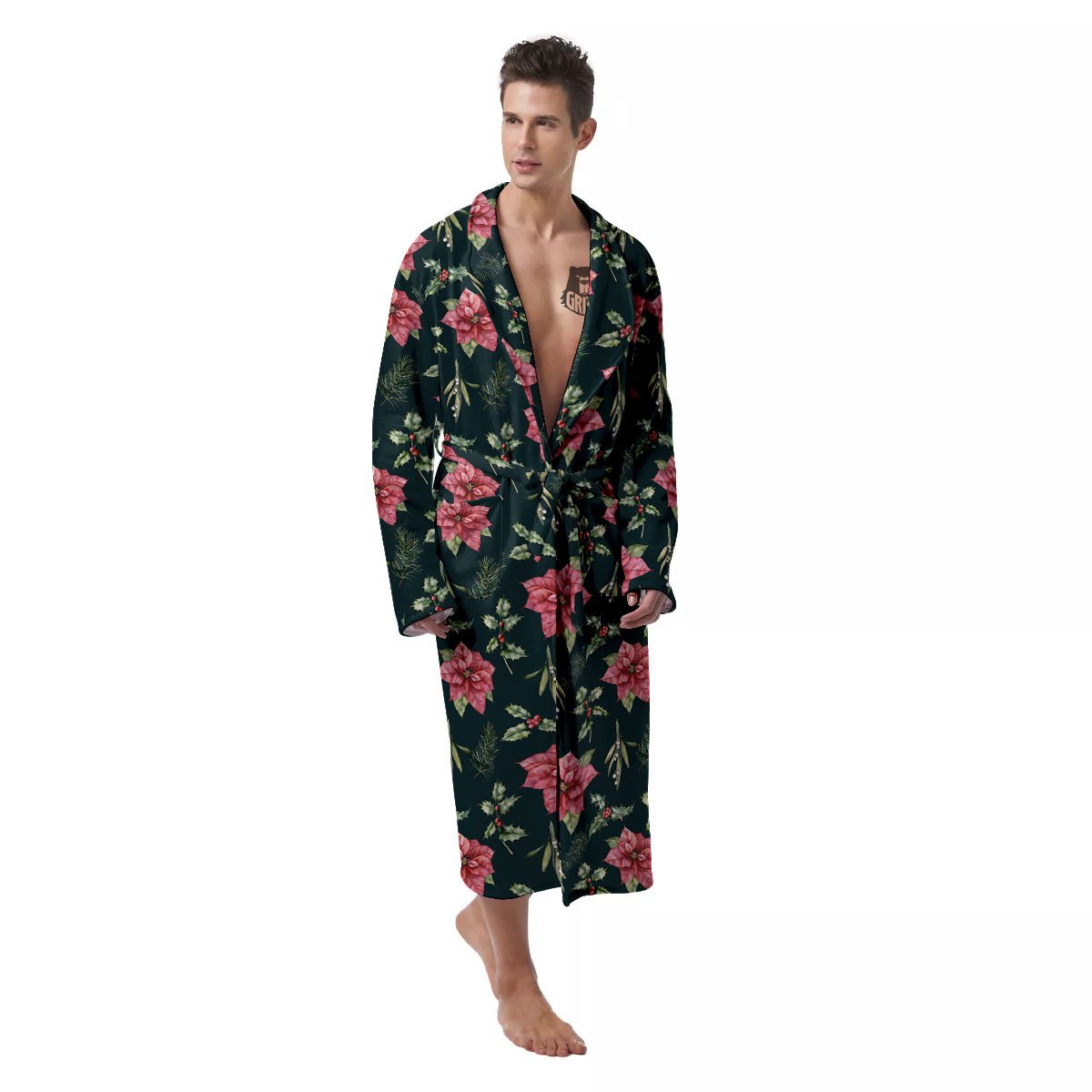 Poinsettia Christmas Watercolor Print Pattern Men's Robe-grizzshop