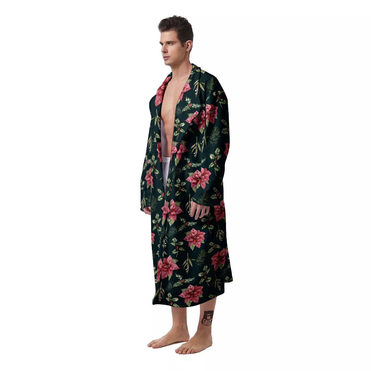 Poinsettia Christmas Watercolor Print Pattern Men's Robe-grizzshop
