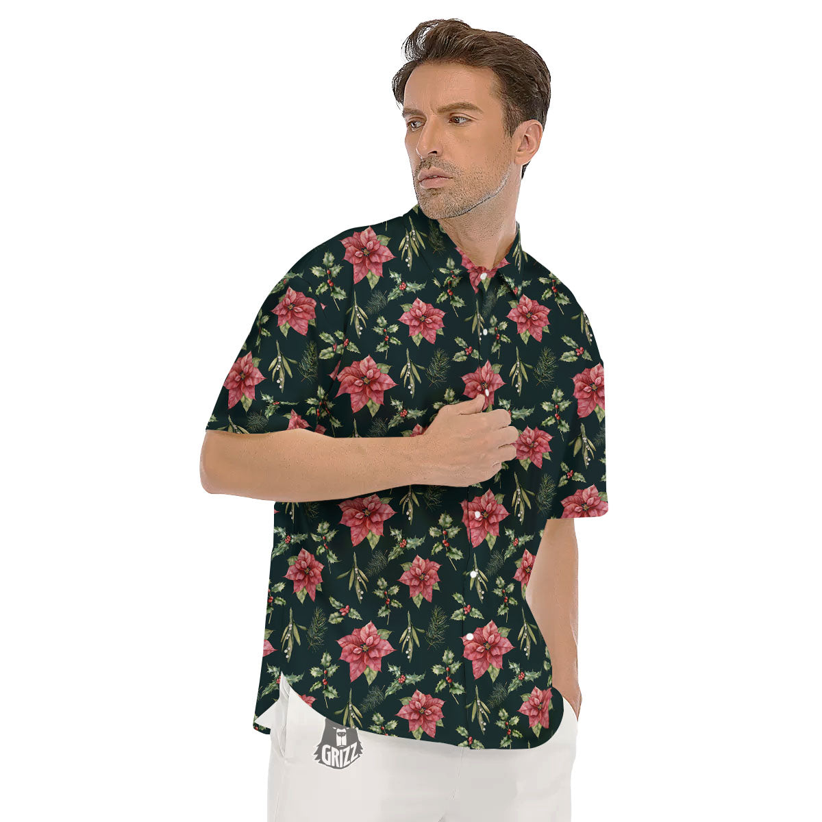 Poinsettia Christmas Watercolor Print Pattern Men's Short Sleeve Shirts-grizzshop