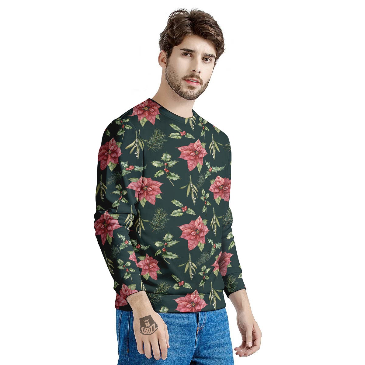 Poinsettia Christmas Watercolor Print Pattern Men's Sweatshirt-grizzshop