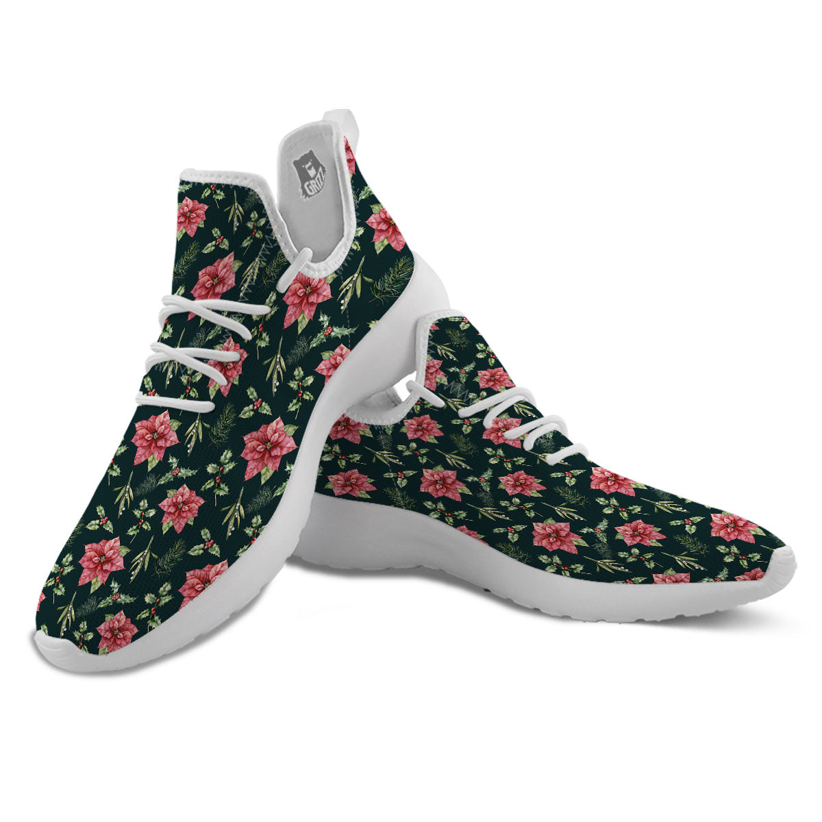 Poinsettia Christmas Watercolor Print Pattern White Athletic Shoes-grizzshop