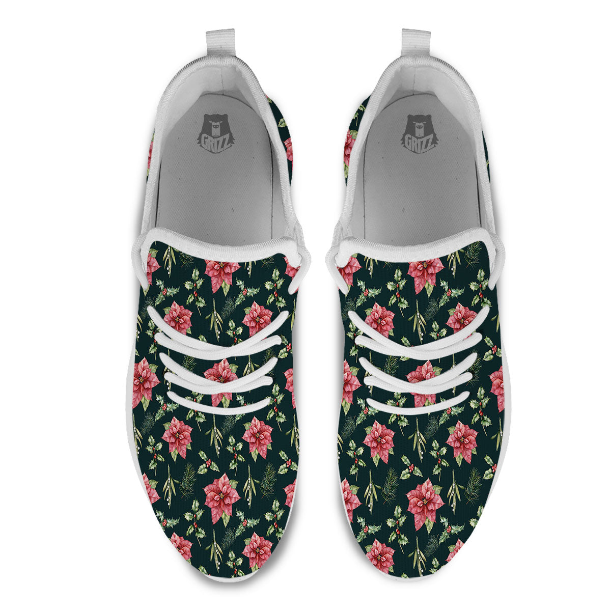 Poinsettia Christmas Watercolor Print Pattern White Athletic Shoes-grizzshop