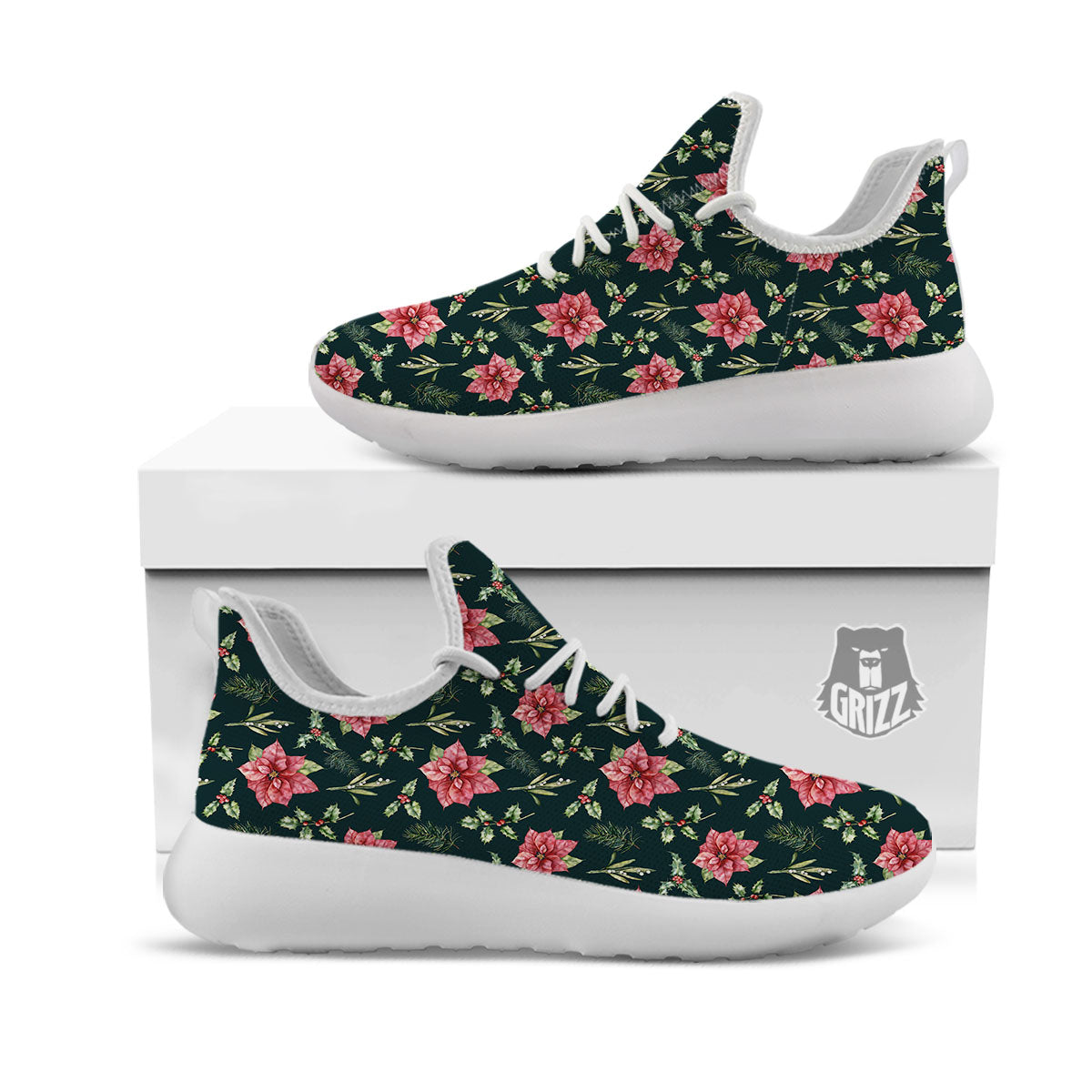 Poinsettia Christmas Watercolor Print Pattern White Athletic Shoes-grizzshop