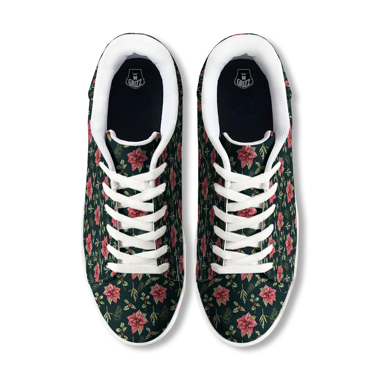 Poinsettia Christmas Watercolor Print Pattern White Low Top Sneakers-grizzshop
