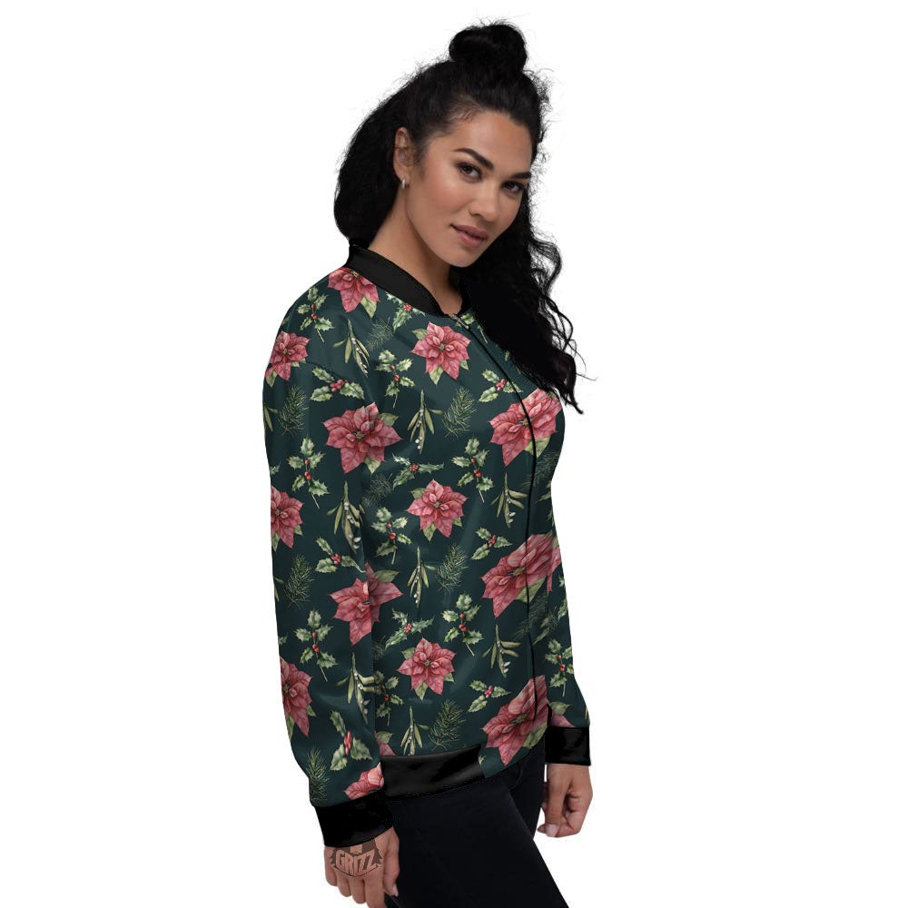 Poinsettia Christmas Watercolor Print Pattern Women's Bomber Jacket-grizzshop