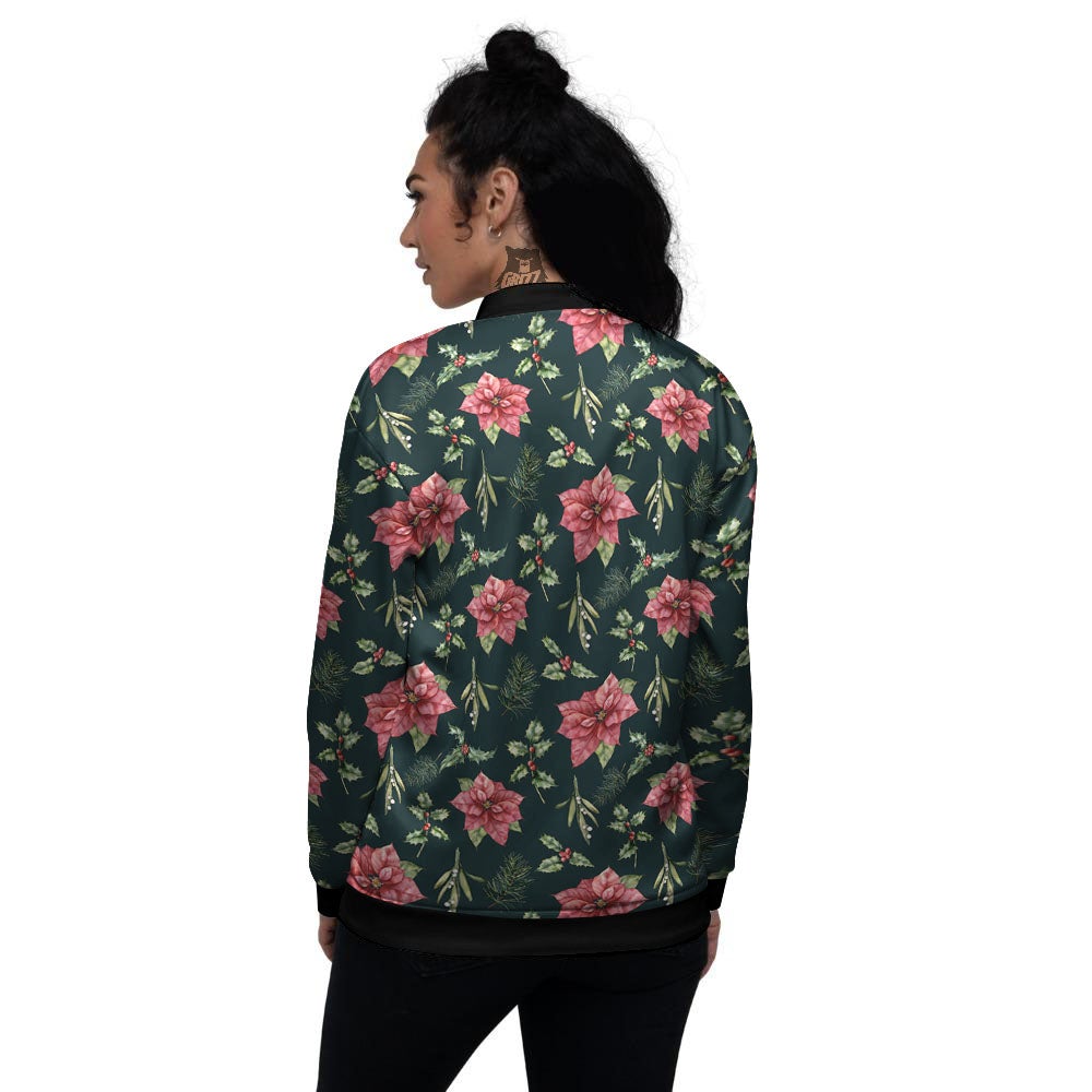 Poinsettia Christmas Watercolor Print Pattern Women's Bomber Jacket-grizzshop