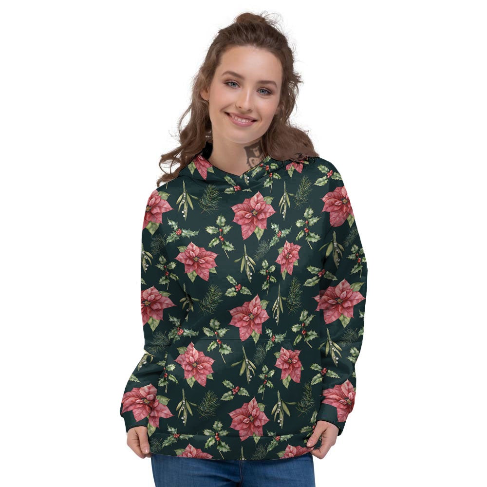 Poinsettia Christmas Watercolor Print Pattern Women's Hoodie-grizzshop
