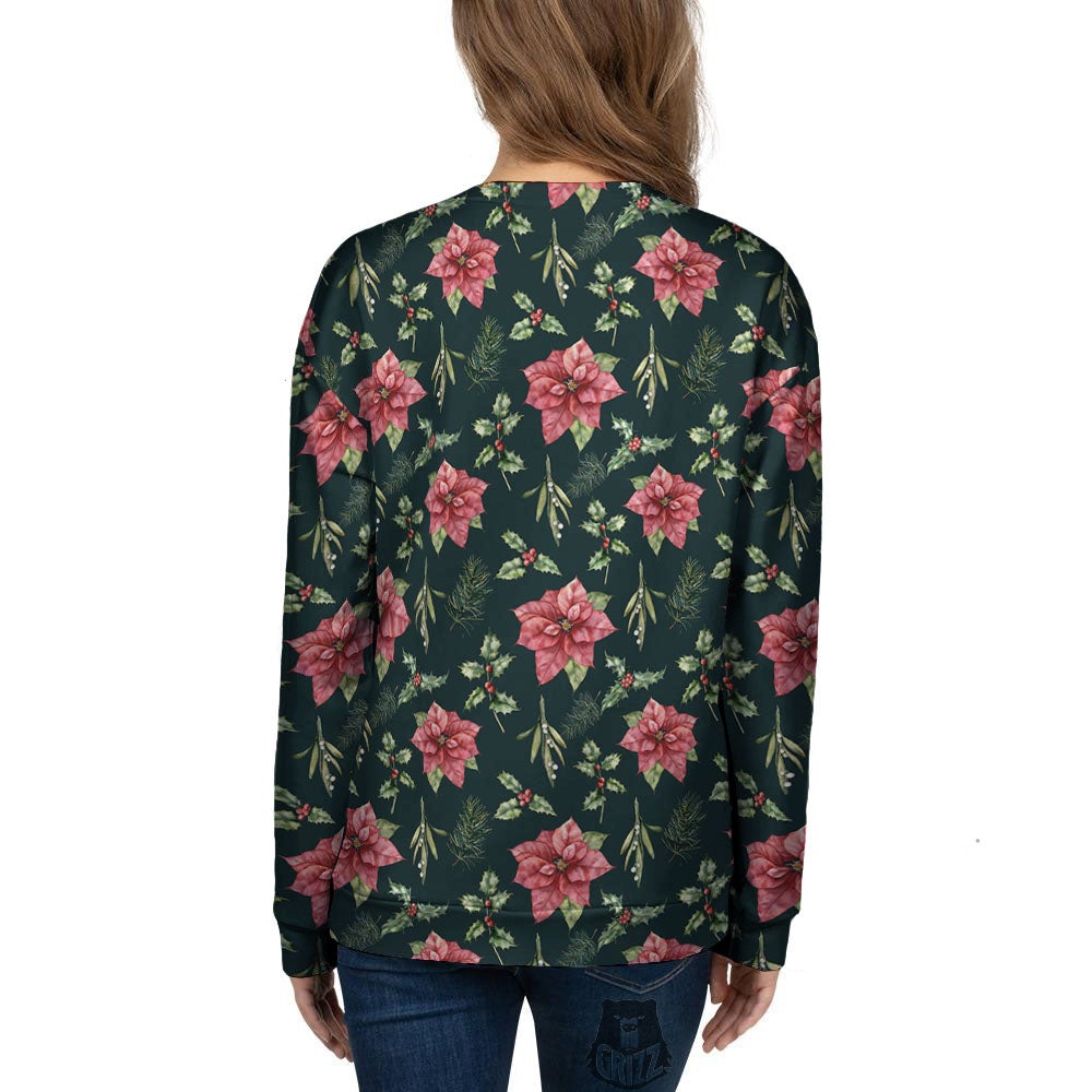 Poinsettia Christmas Watercolor Print Pattern Women's Sweatshirt-grizzshop
