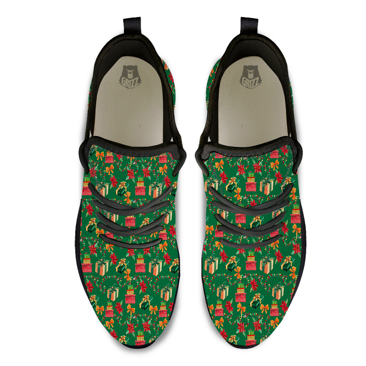 Poinsettia Cute Christmas Print Pattern Black Athletic Shoes-grizzshop