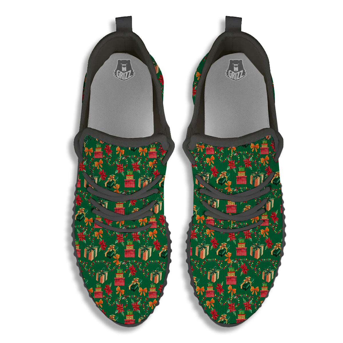 Poinsettia Cute Christmas Print Pattern Black Walking Shoes-grizzshop