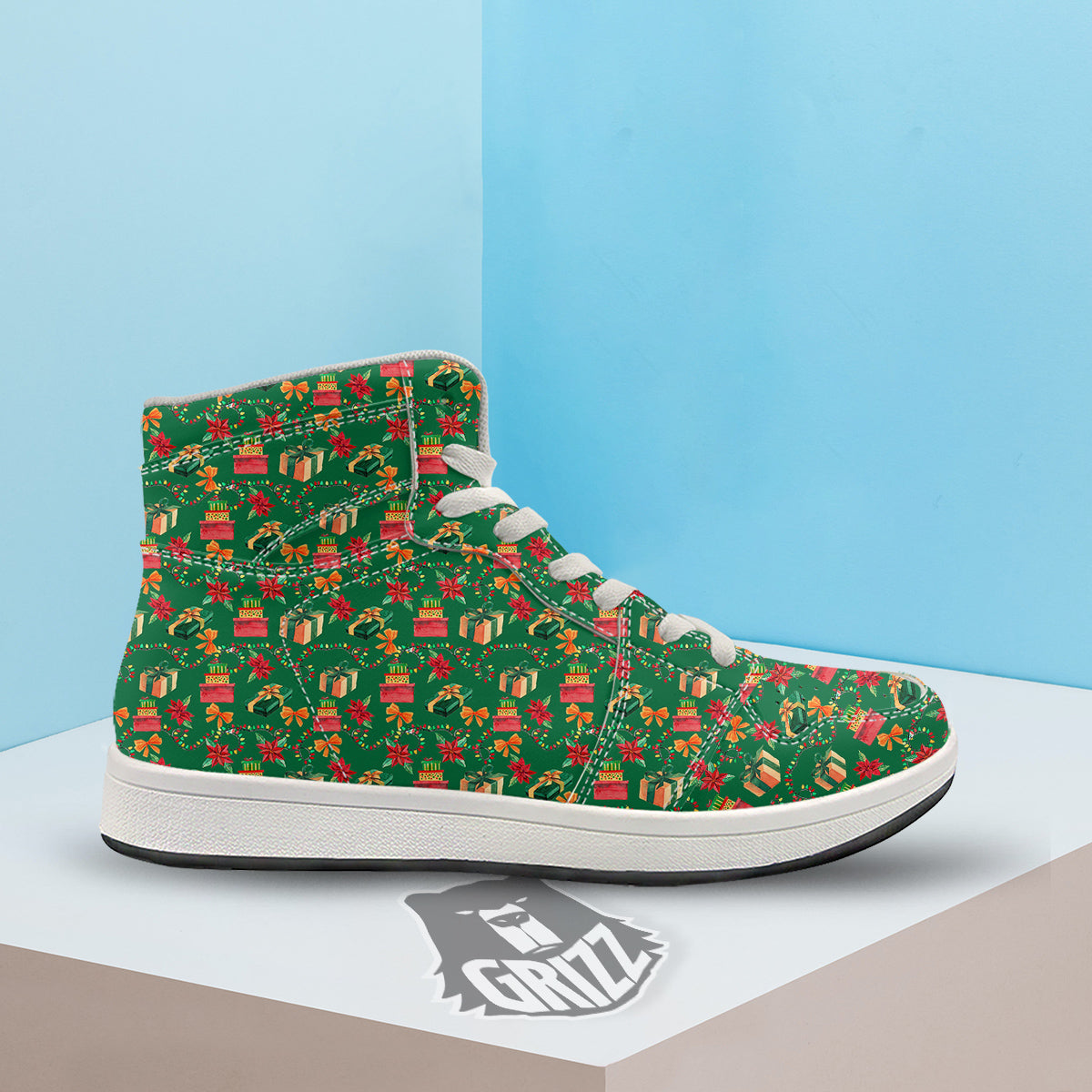 Poinsettia Cute Christmas Print Pattern High Top Sneakers-grizzshop