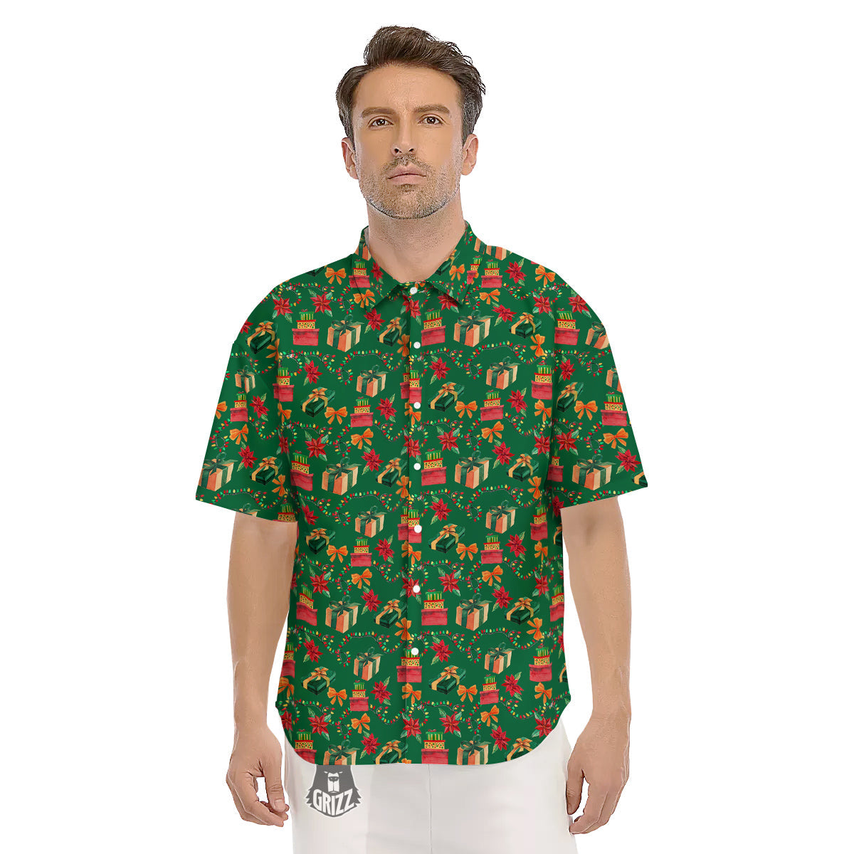 Poinsettia Cute Christmas Print Pattern Men's Short Sleeve Shirts-grizzshop