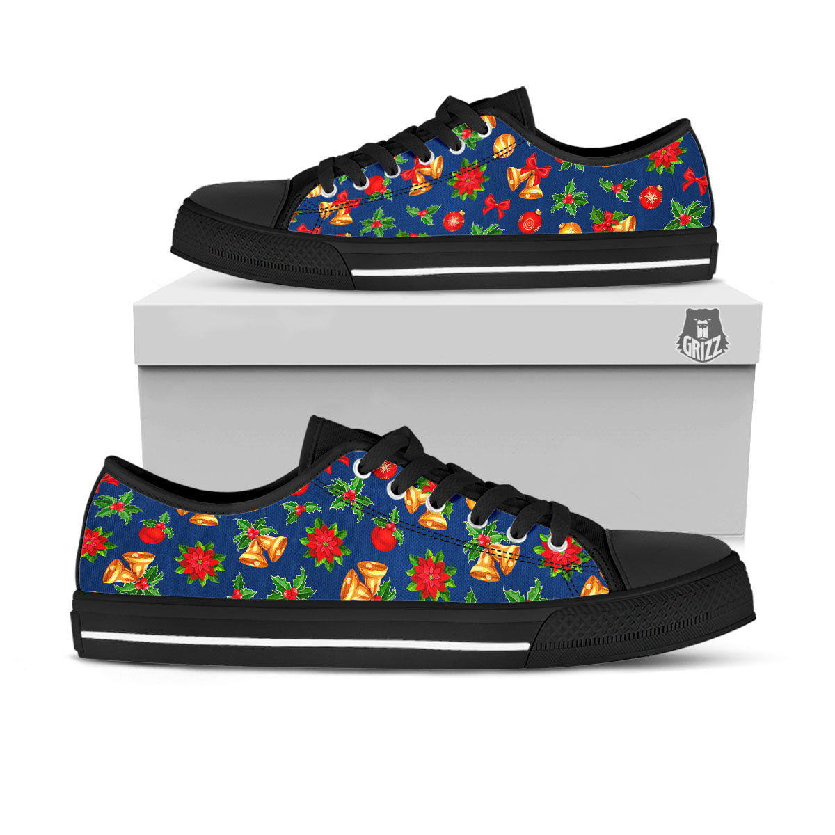 Poinsettia Merry Christmas Print Pattern Black Low Top Shoes-grizzshop