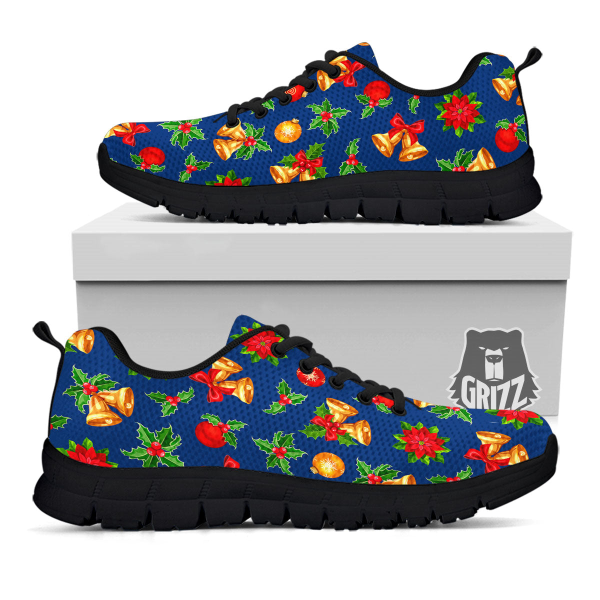 Poinsettia Merry Christmas Print Pattern Black Sneaker-grizzshop