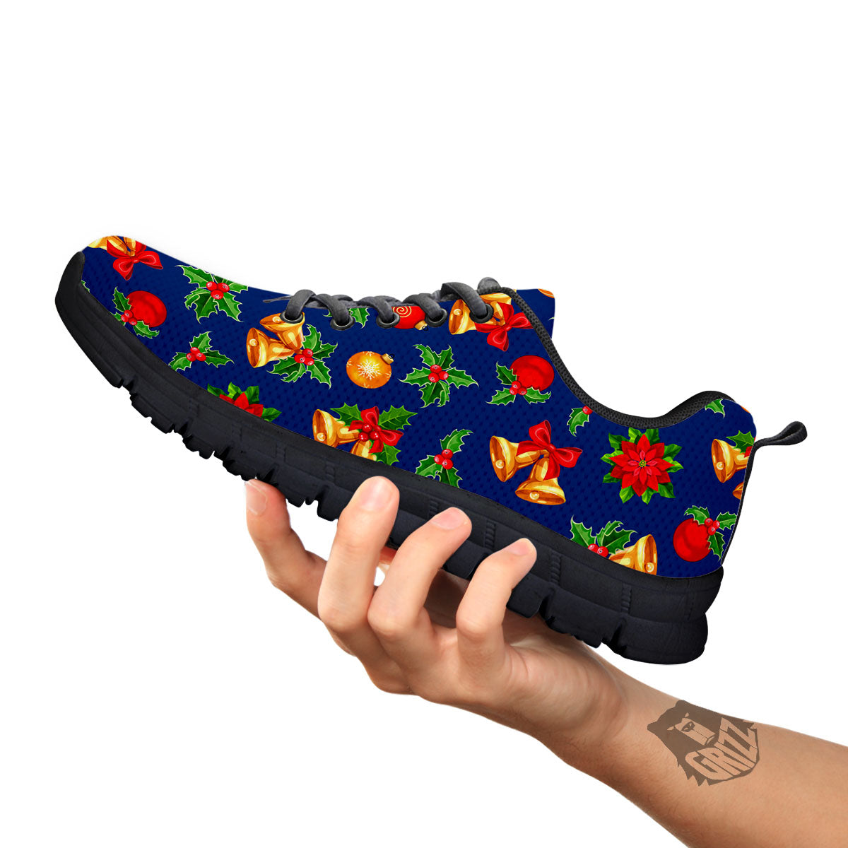Poinsettia Merry Christmas Print Pattern Black Sneaker-grizzshop