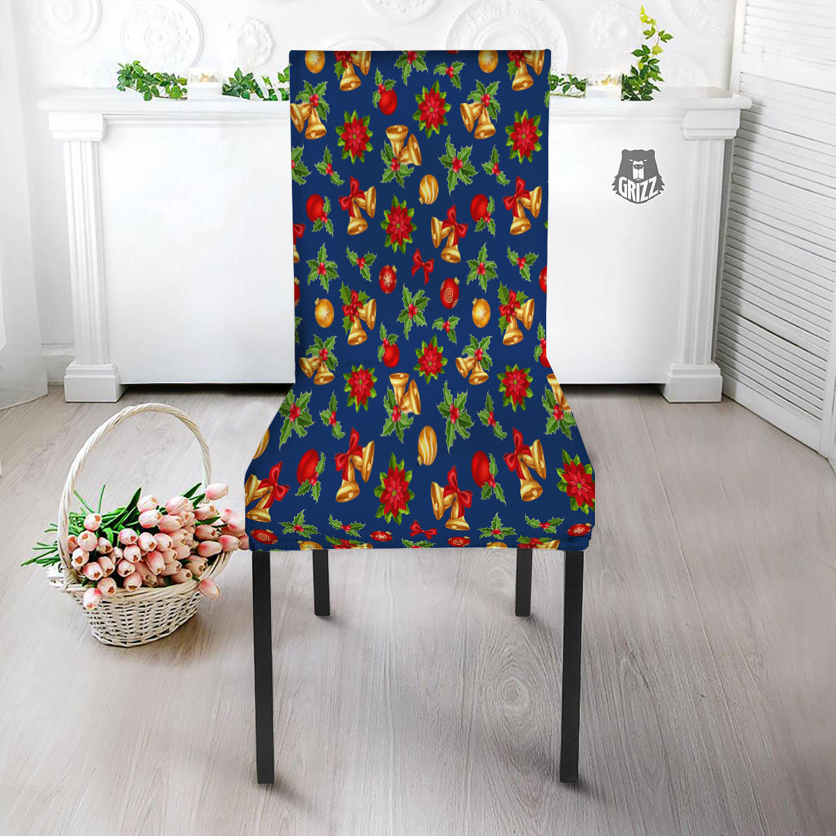 Poinsettia Merry Christmas Print Pattern Dining Chair Slipcover-grizzshop