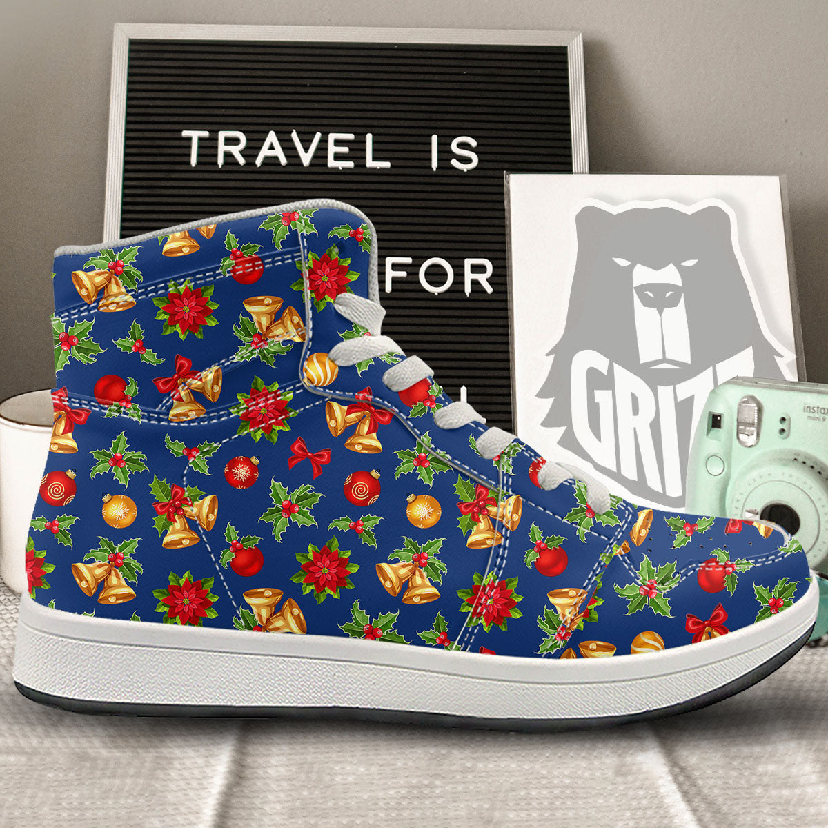 Poinsettia Merry Christmas Print Pattern High Top Sneakers-grizzshop