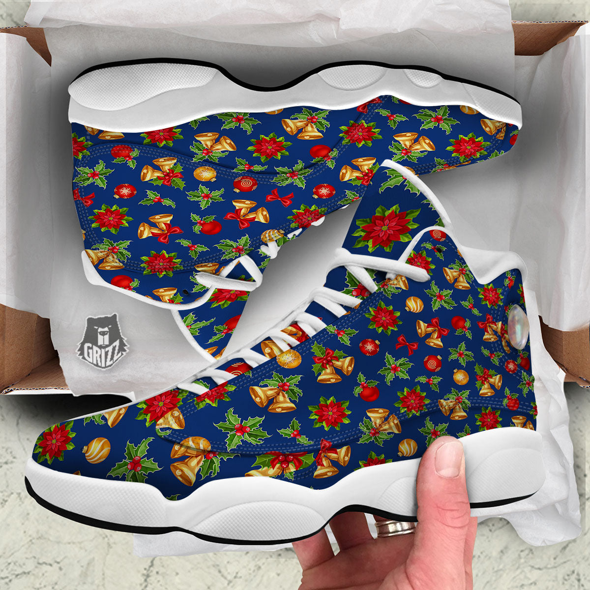 Poinsettia Merry Christmas Print Pattern White Basketball Shoes-grizzshop